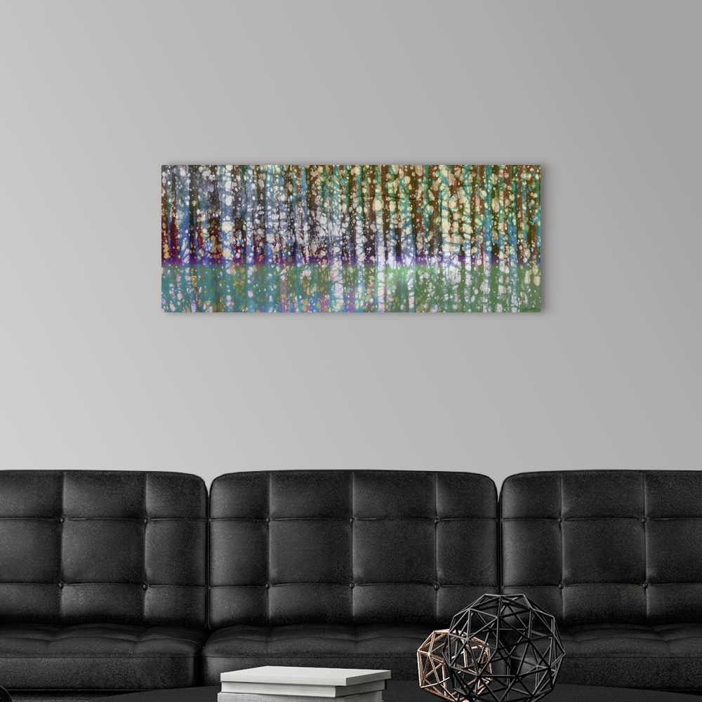A modern room featuring An abstract birch tree meadow in fresh spring colors.