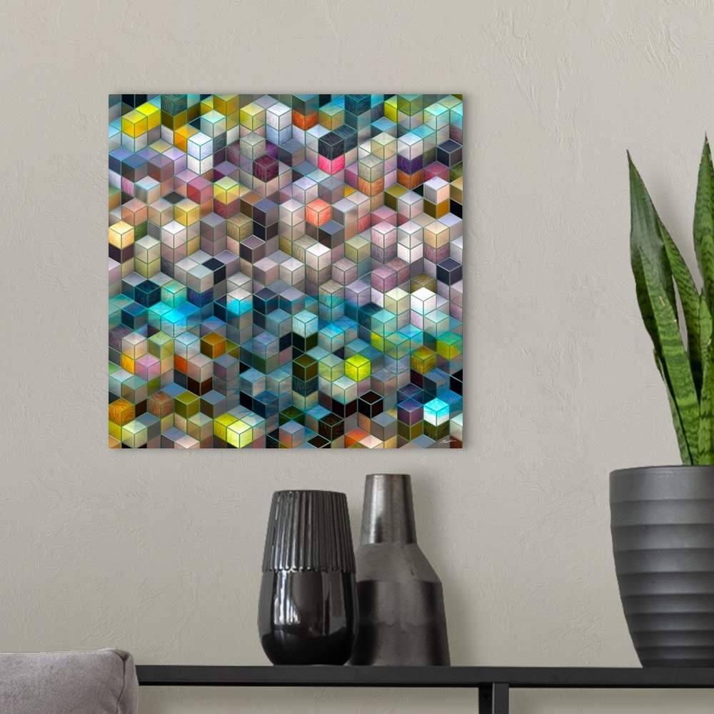 A modern room featuring Cascade of hexagonal translucent cubes of brilliant color.