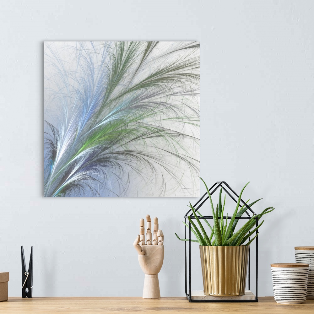 A bohemian room featuring Cool fronds of grass arc elegantly across the canvas.