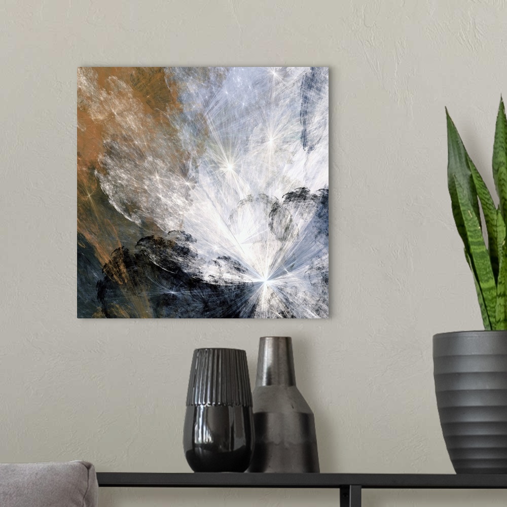 A modern room featuring Light breaks through an abstract cloudy sky.