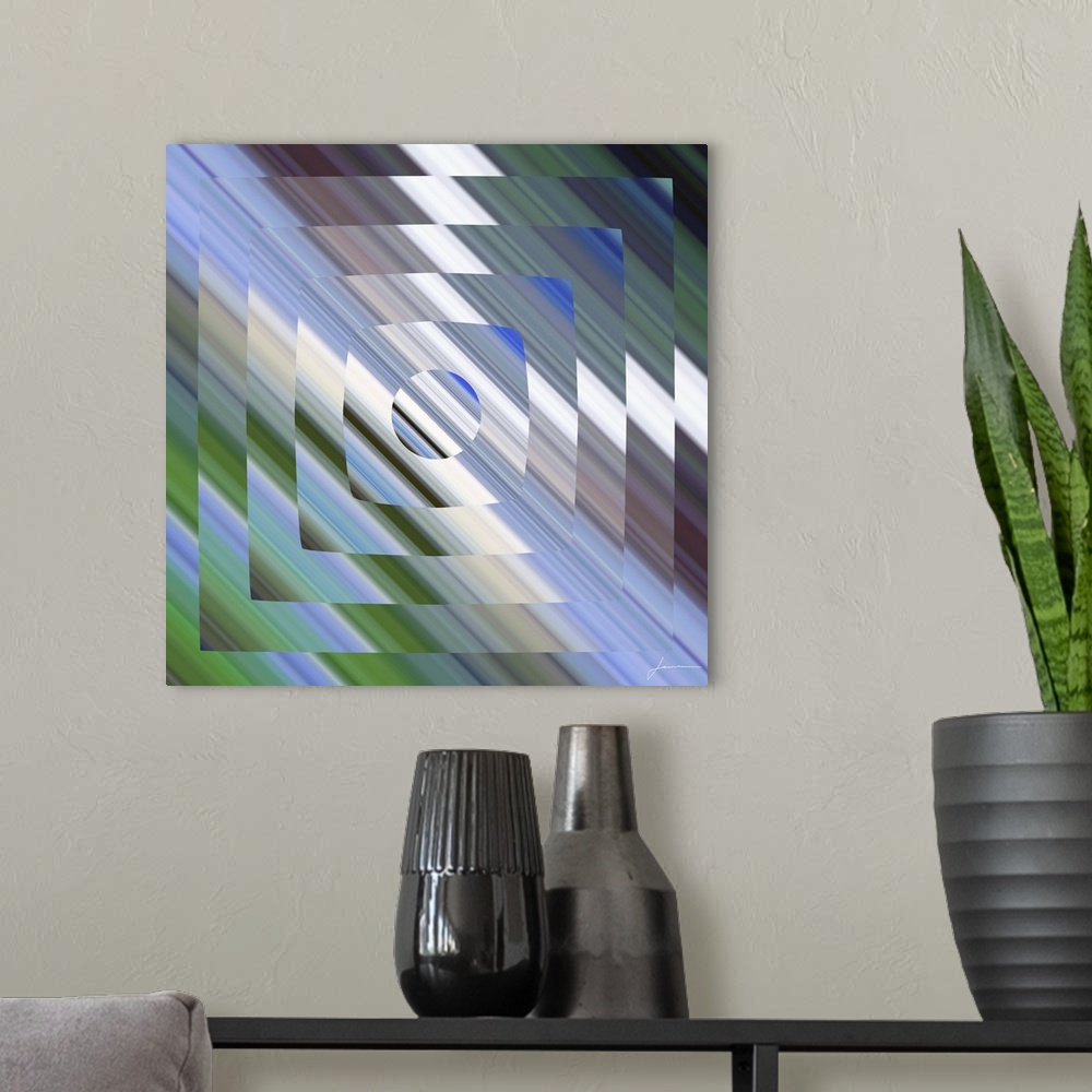 A modern room featuring A geometric abstract reminiscent of the flicker of old tube televisions.