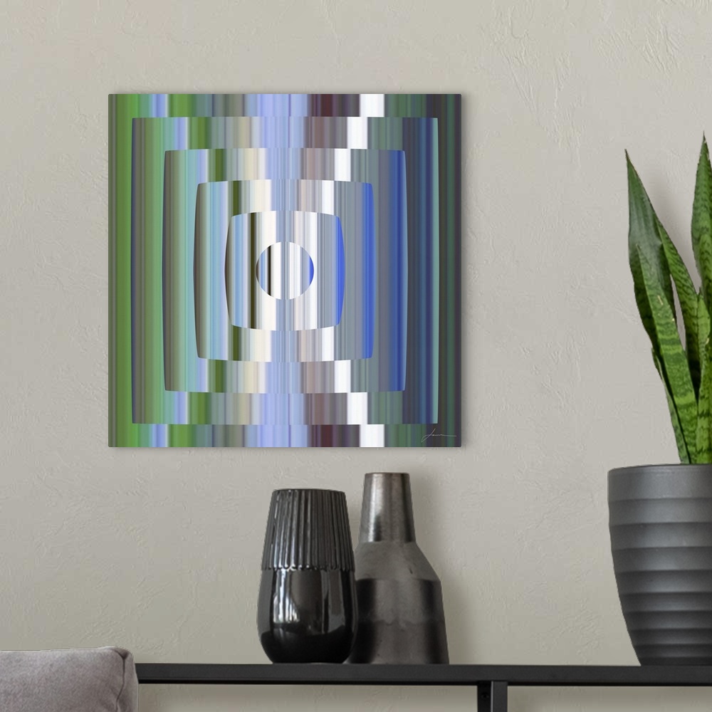 A modern room featuring A geometric abstract reminiscent of the flicker of old tube televisions.