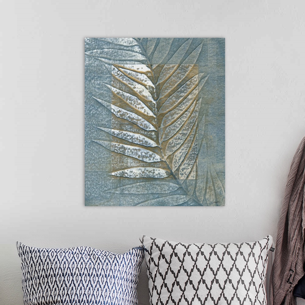 A bohemian room featuring Embossed palm leaf with subtle metallic accents.