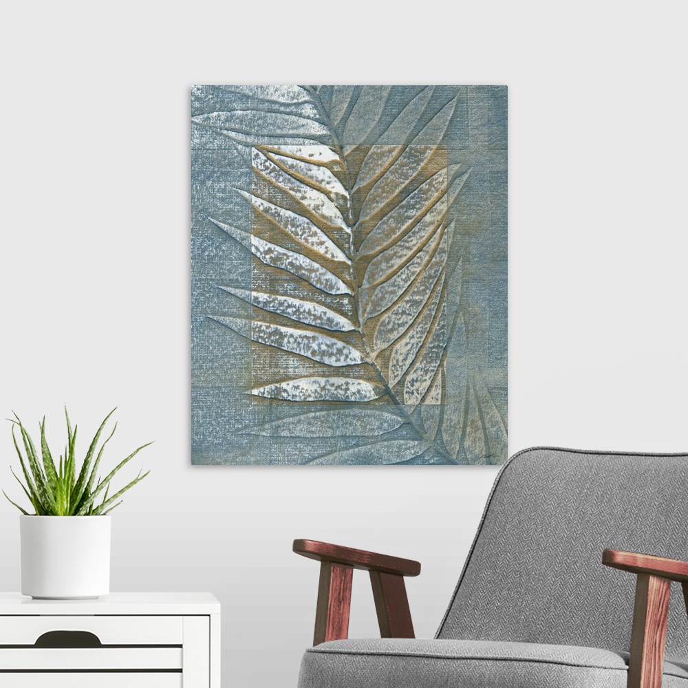 A modern room featuring Embossed palm leaf with subtle metallic accents.