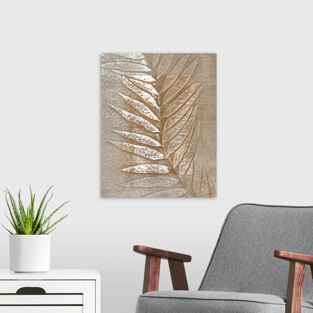 A modern room featuring Embossed palm leaf with subtle metallic accents.