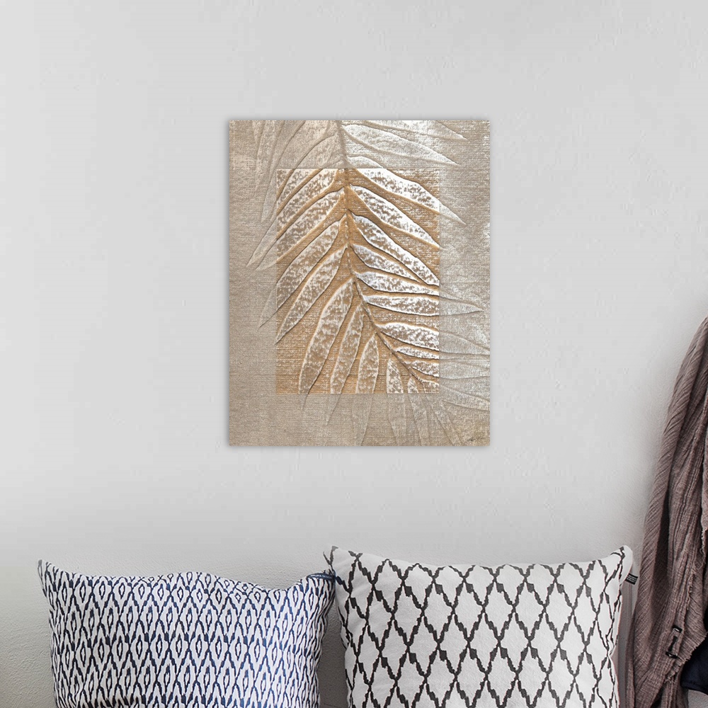 A bohemian room featuring Embossed palm leaf with subtle metallic accents.