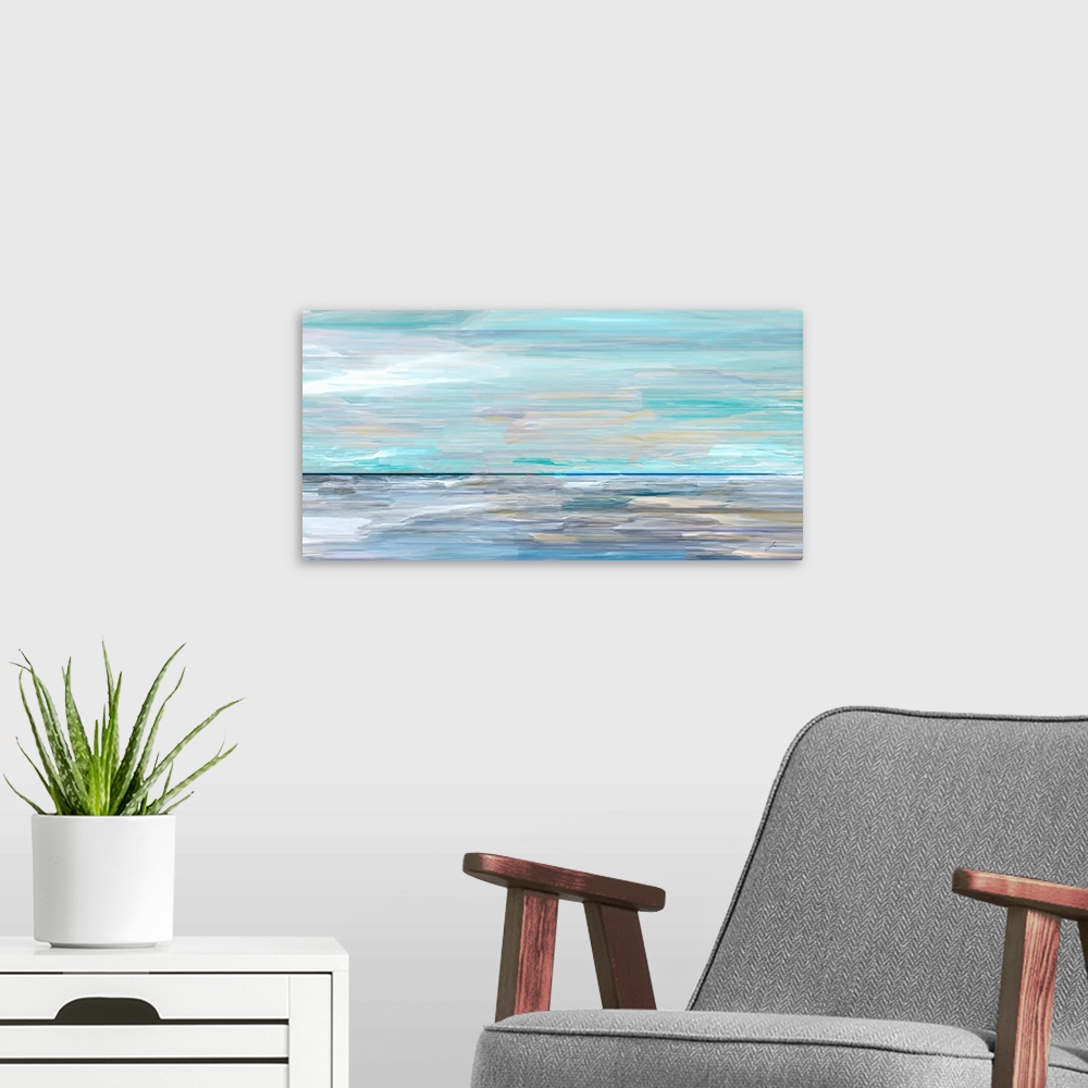 A modern room featuring An abstract seascape horizon in soft colors.