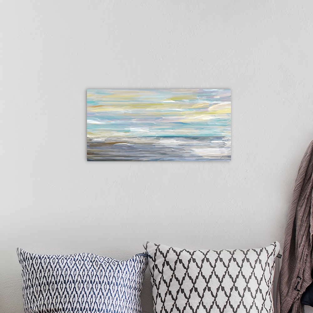 A bohemian room featuring An abstract seascape horizon in soft colors.