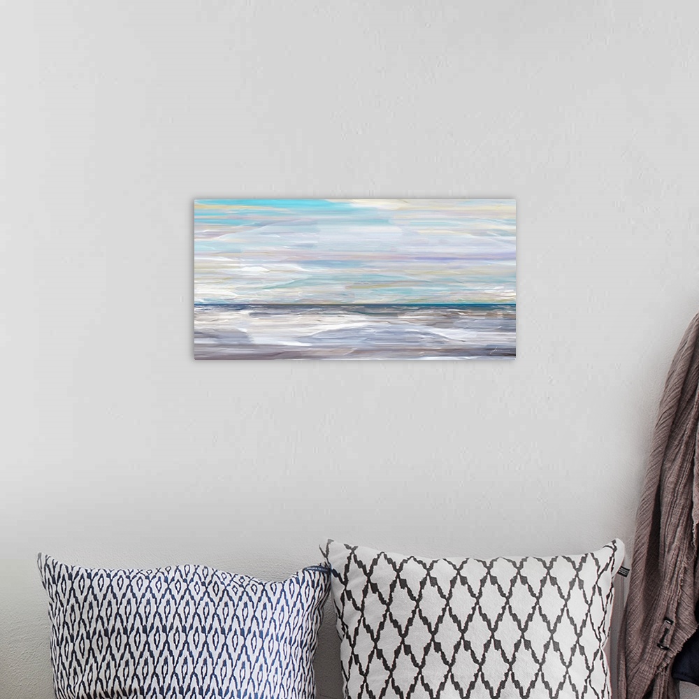 A bohemian room featuring An abstract seascape horizon in soft colors.