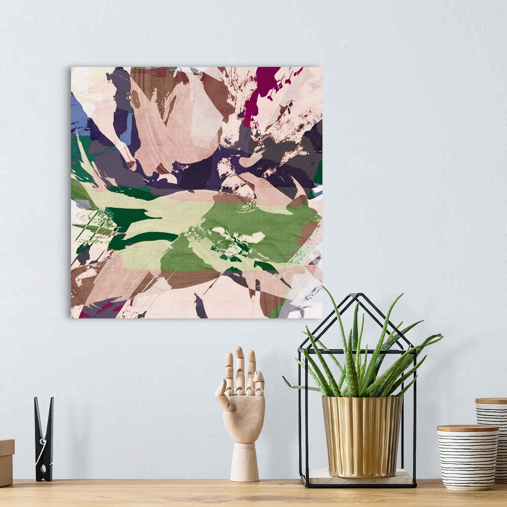A bohemian room featuring Abstract sumi brushed petals forming a modern floral painting.