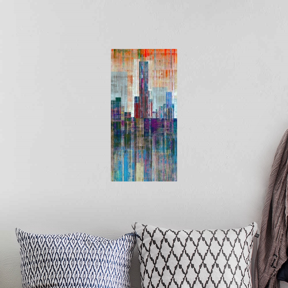 A bohemian room featuring An abstract painted cityscape pops from a textured canvas.