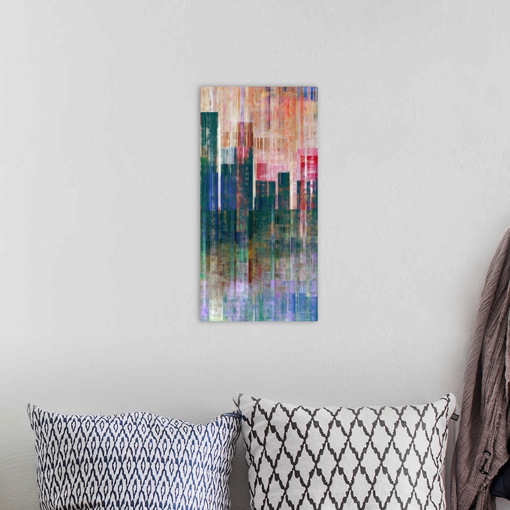A bohemian room featuring An abstract painted cityscape pops from a textured canvas.