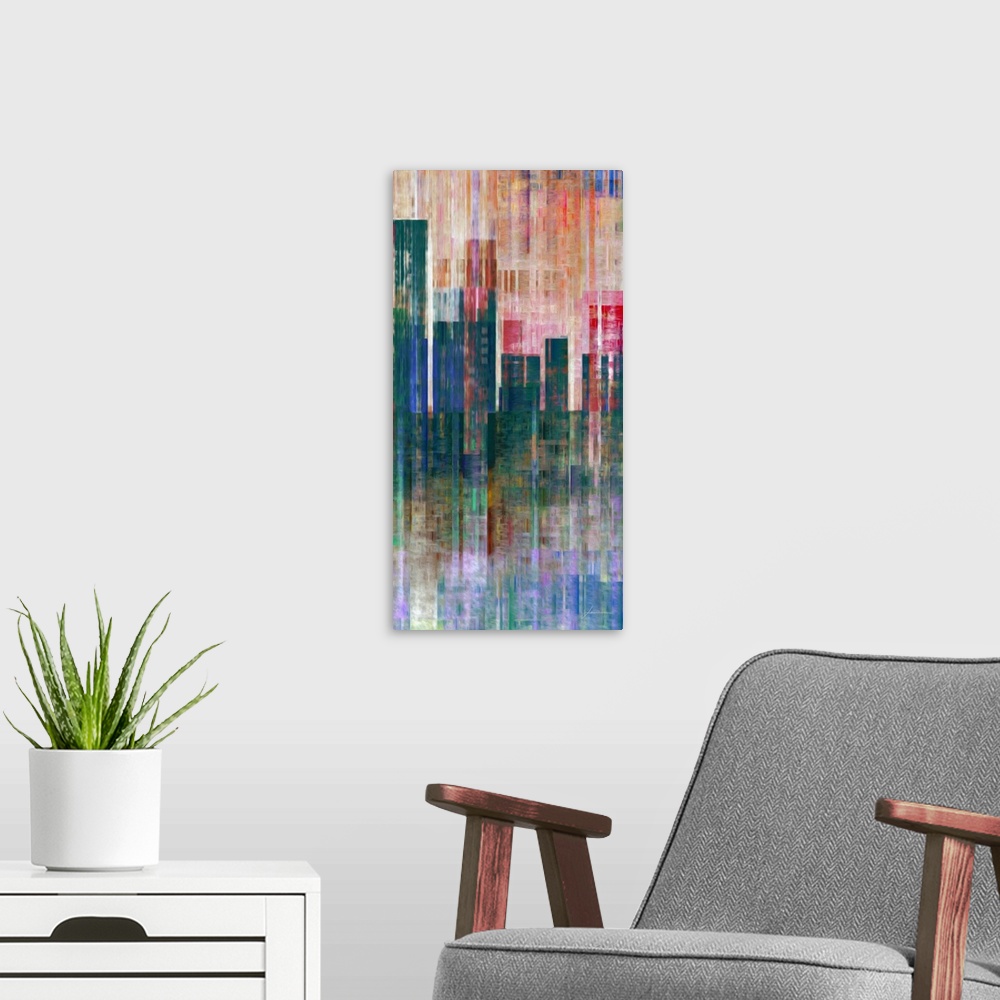 A modern room featuring An abstract painted cityscape pops from a textured canvas.