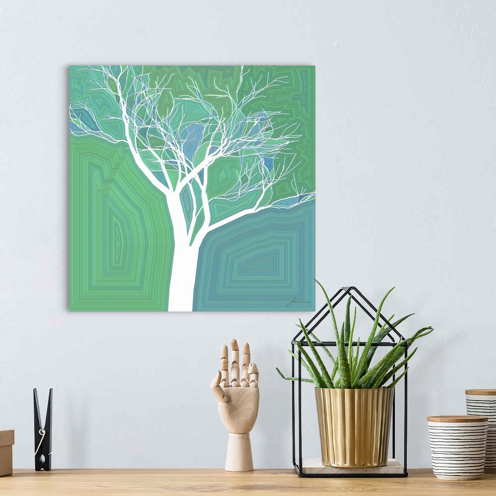 A bohemian room featuring A graphic abstract tree pops from an electric background.