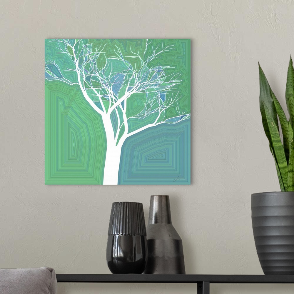 A modern room featuring A graphic abstract tree pops from an electric background.