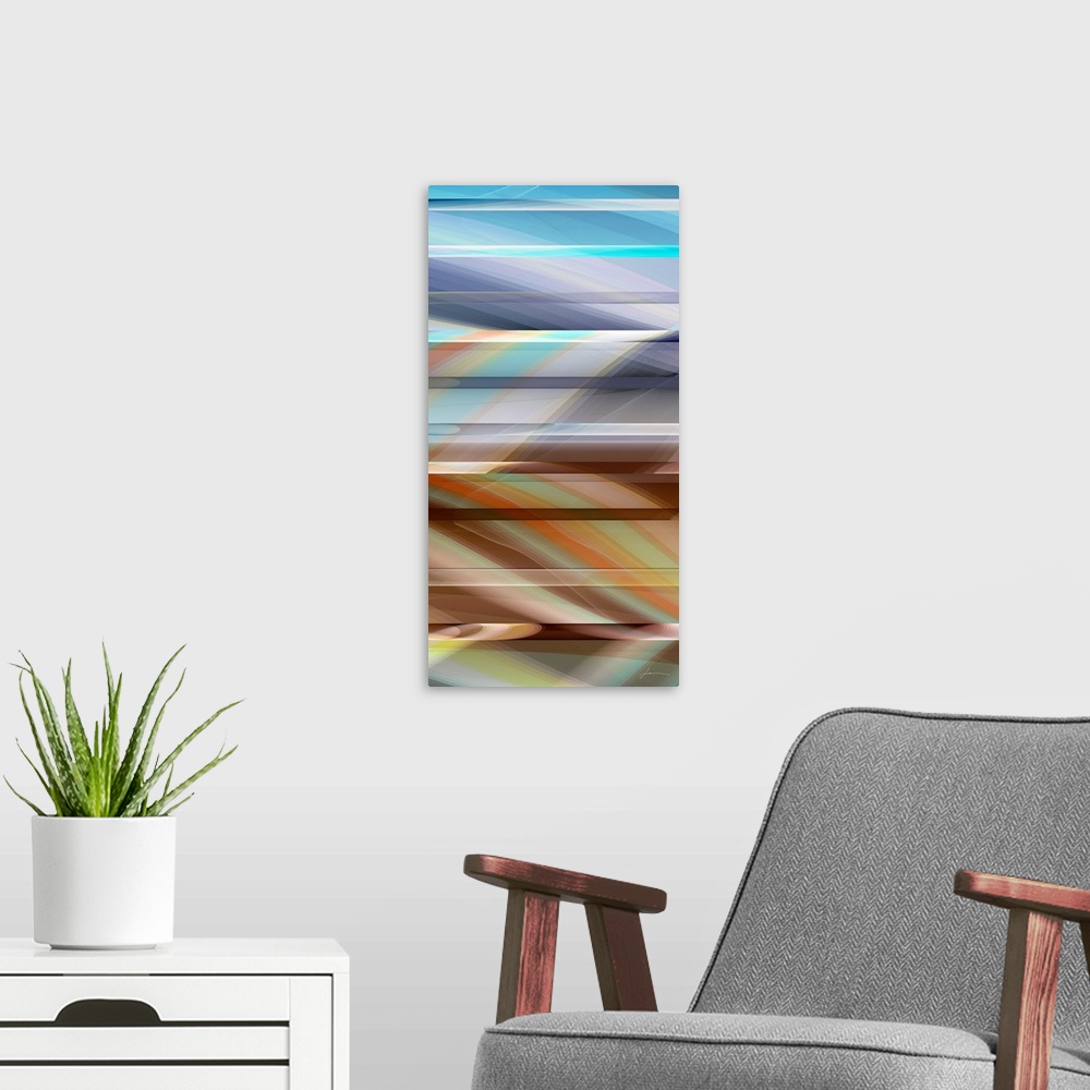 A modern room featuring An abstract lens reflects horizontal stripes of sand and water.