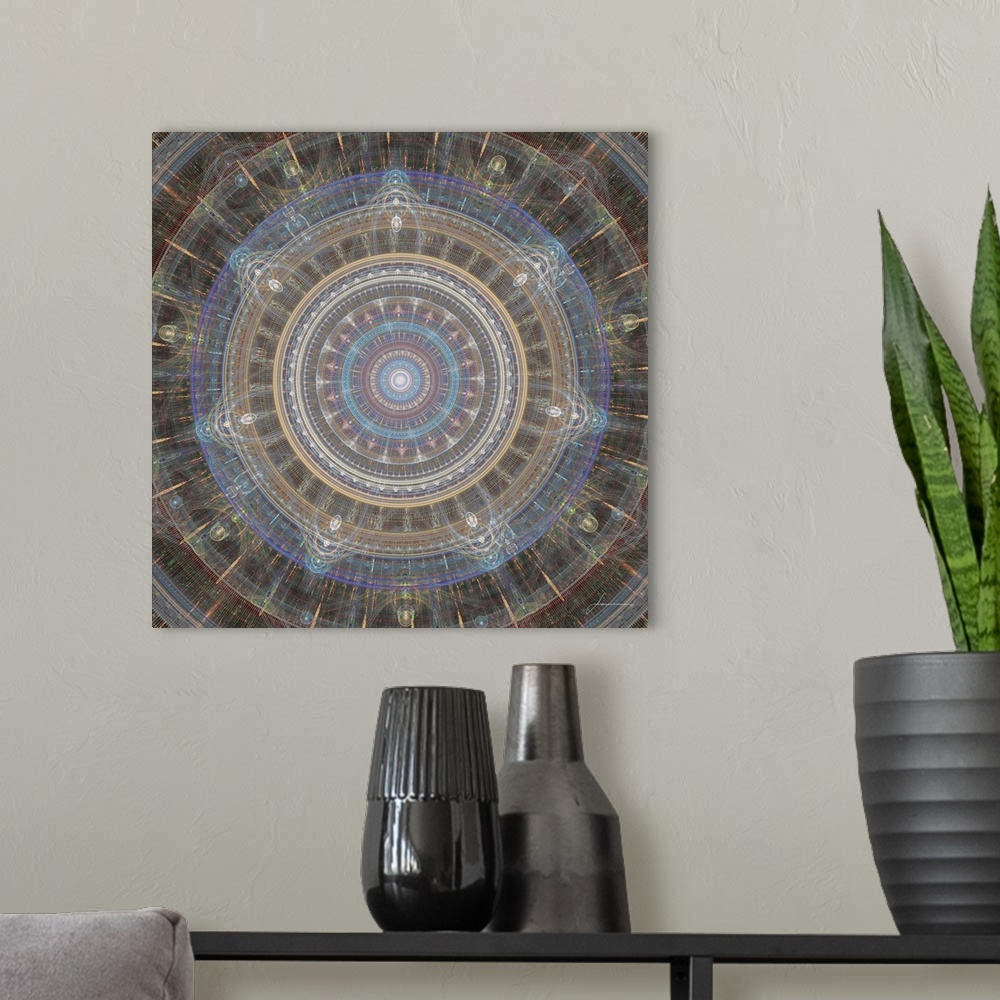 A modern room featuring An intricate geometric mandala stretches across the canvas like a modern dreamcatcher.