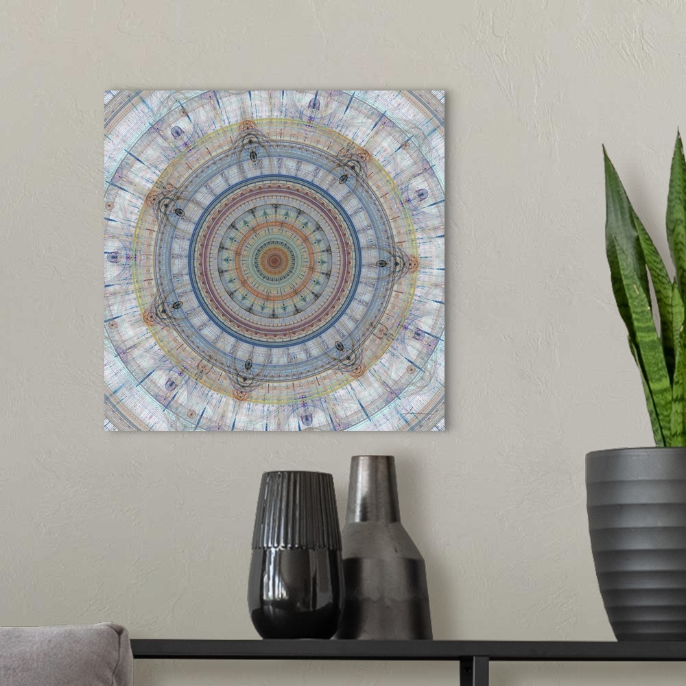 A modern room featuring An intricate geometric mandala stretches across the canvas like a modern dreamcatcher.