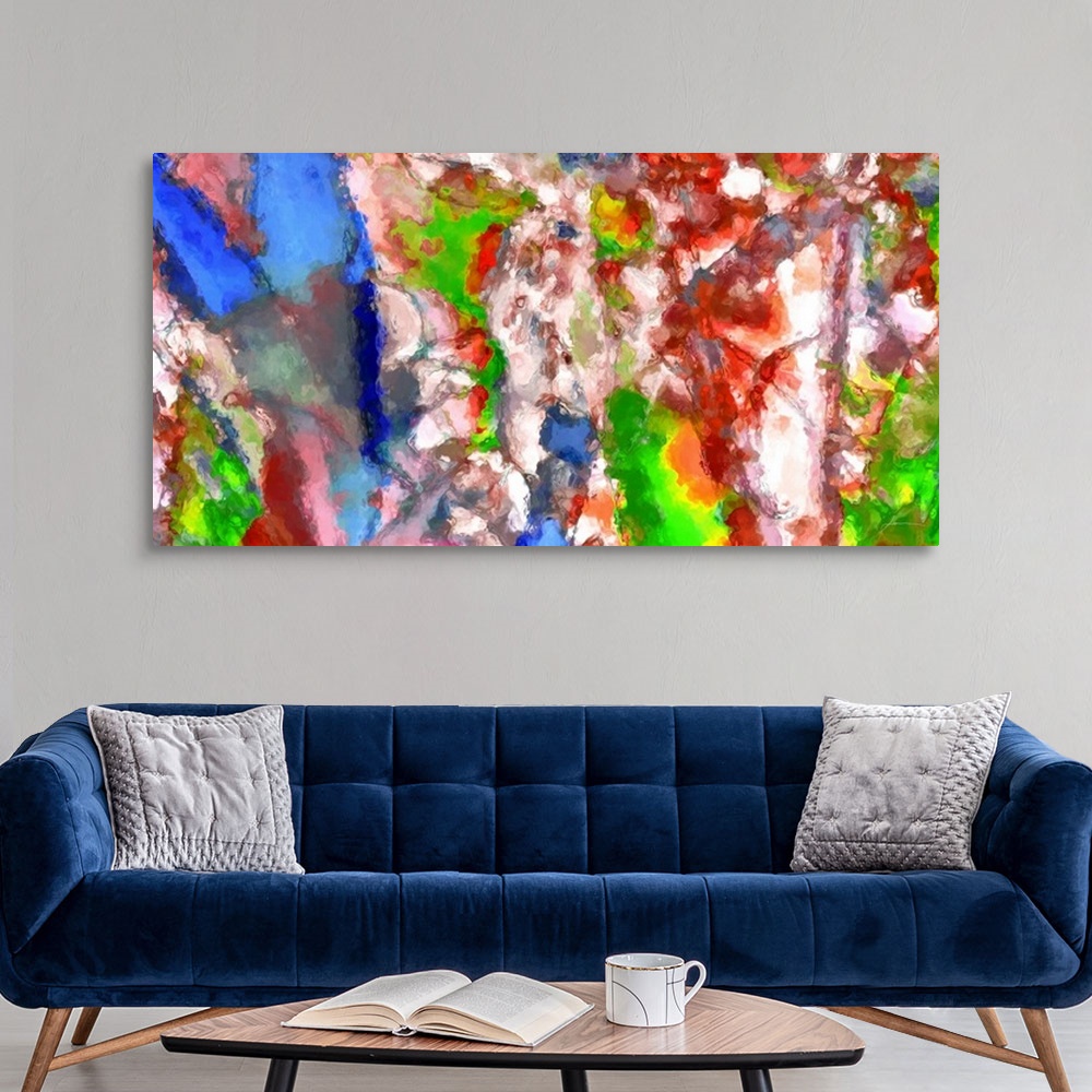 A modern room featuring A festival of colorful strokes and splashes. Bright and joyous.