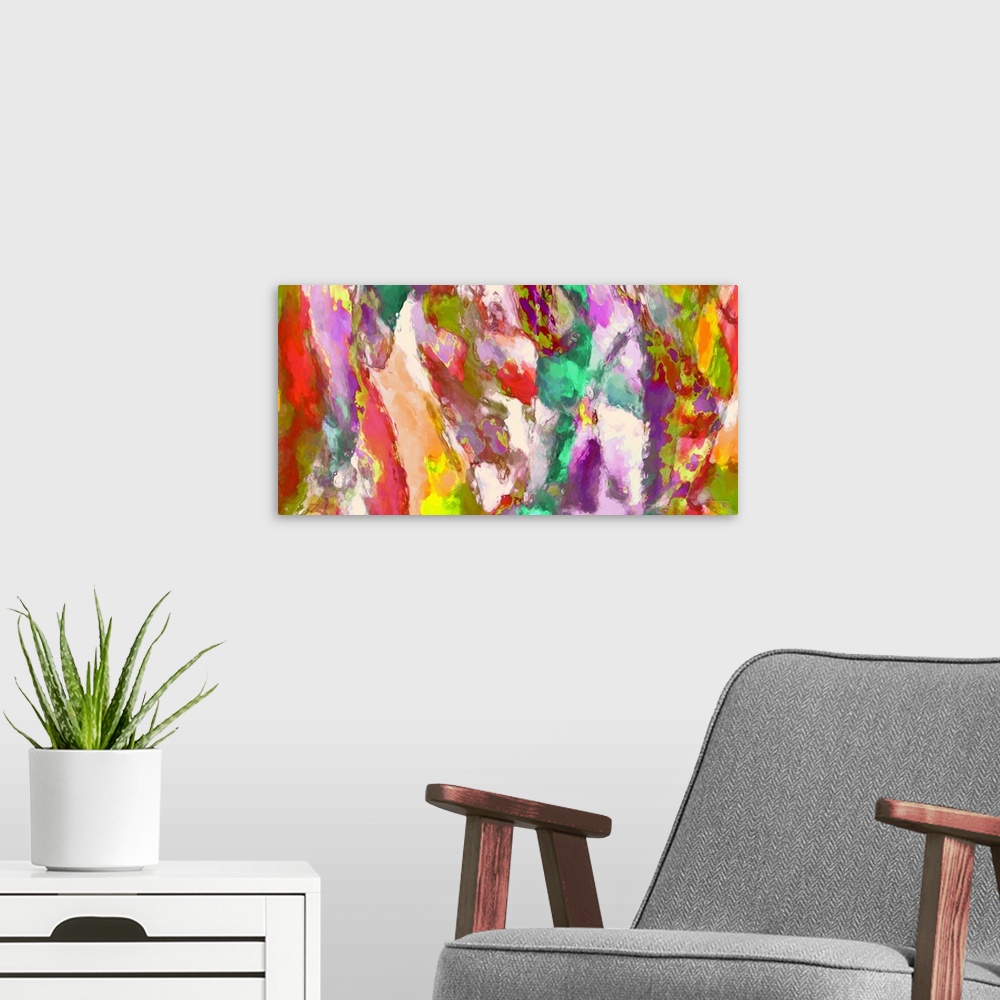 A modern room featuring A festival of colorful strokes and splashes. Bright and joyous.