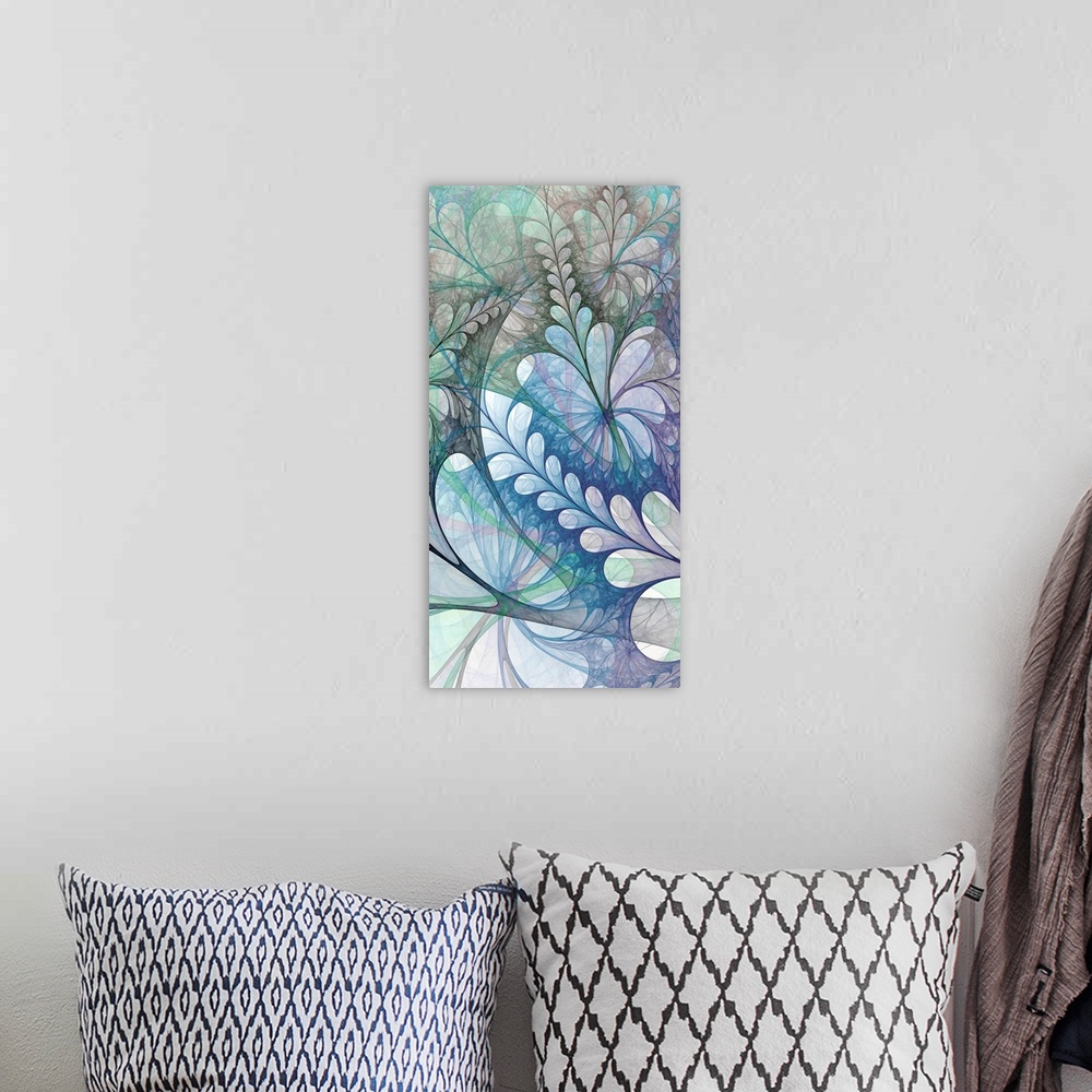 A bohemian room featuring An abstract tropical garden spills onto the canvas.