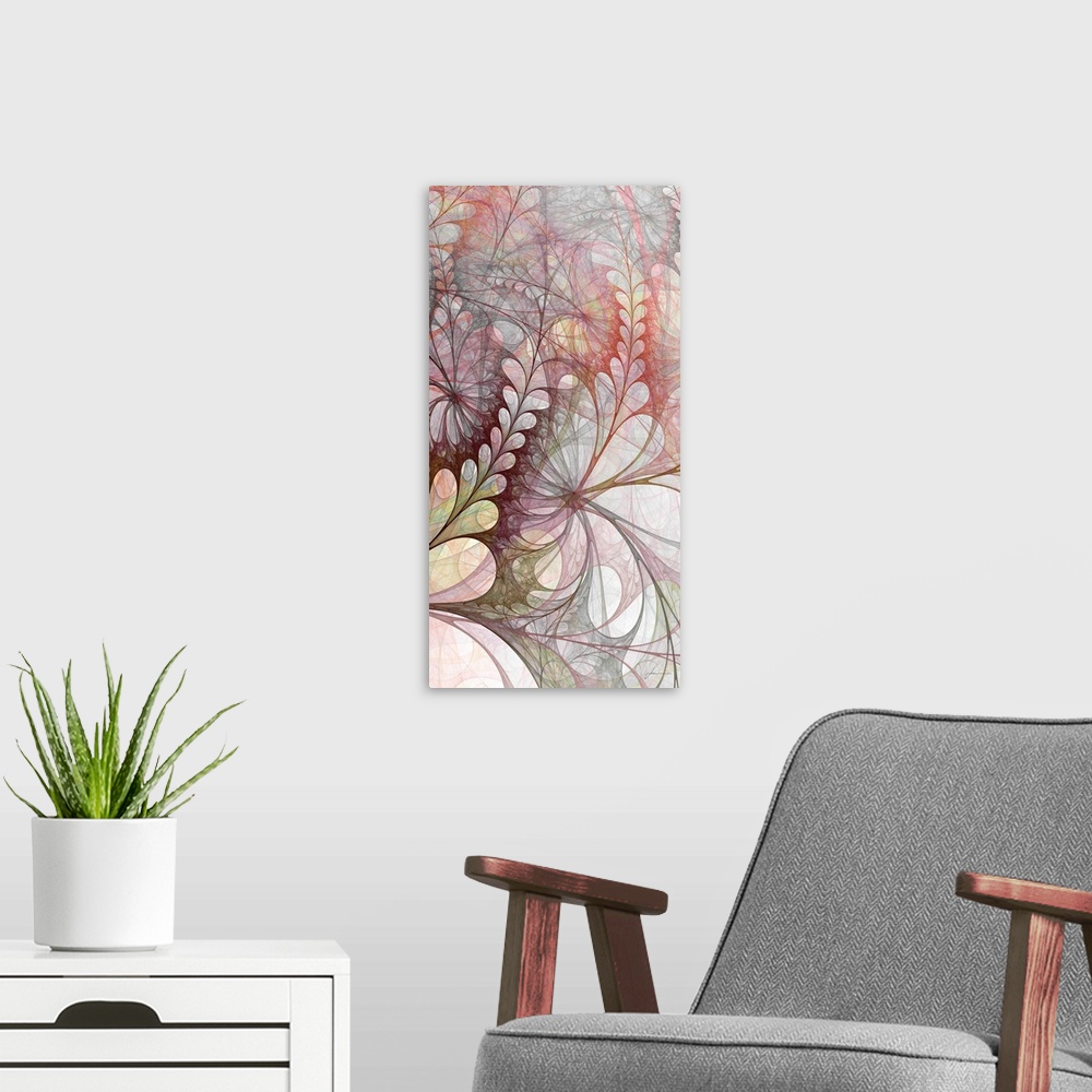 A modern room featuring An abstract tropical garden spills onto the canvas.