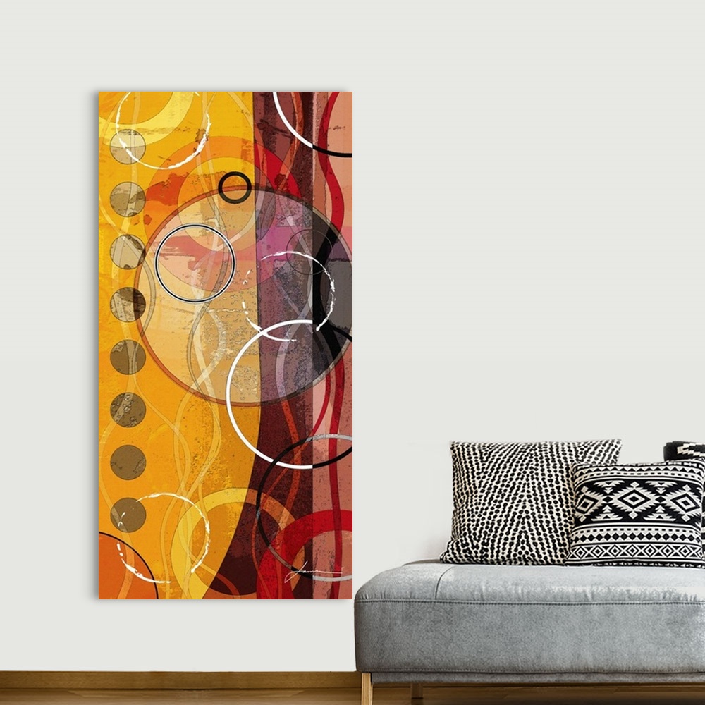 A bohemian room featuring An abstract geometric panel in warm colors.