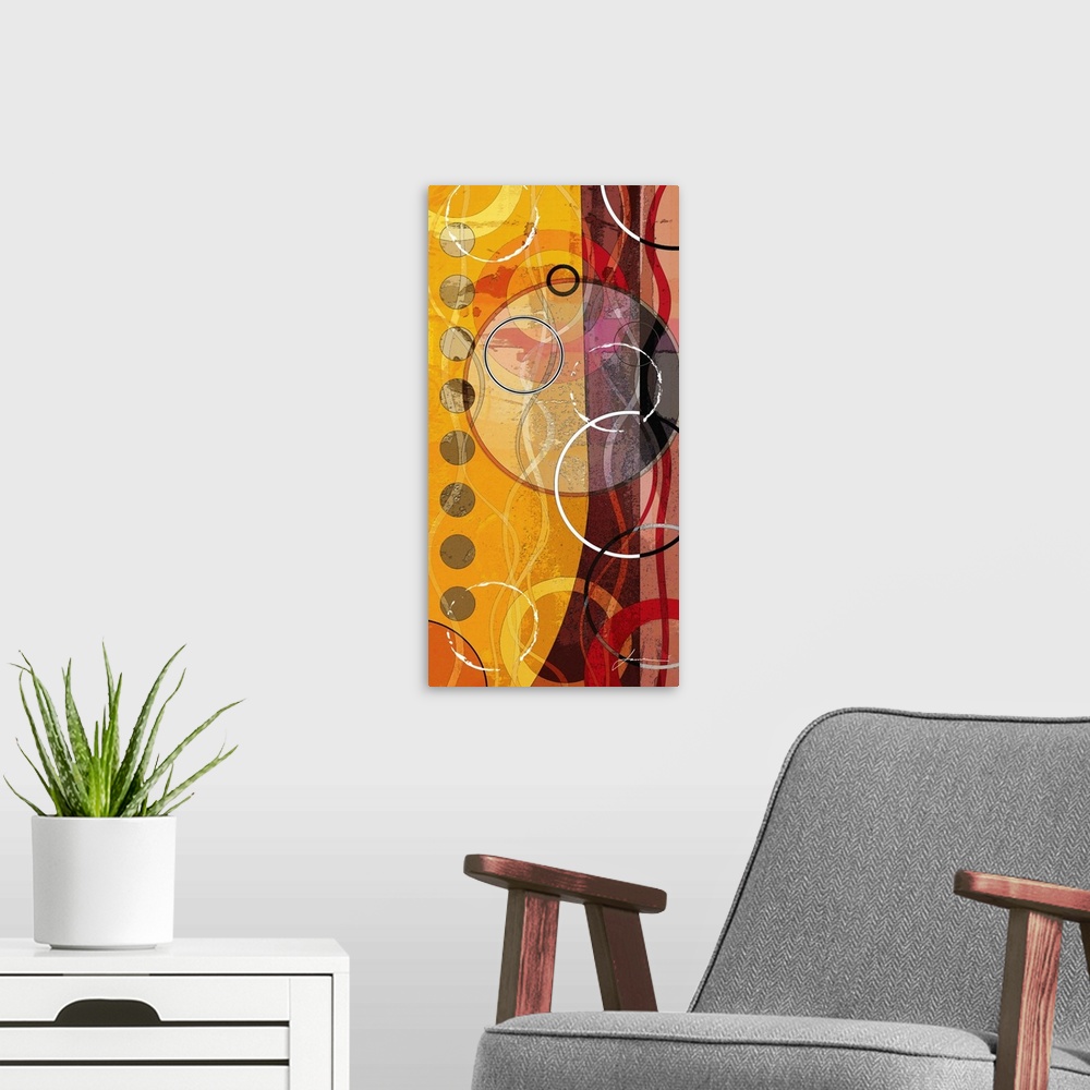 A modern room featuring An abstract geometric panel in warm colors.