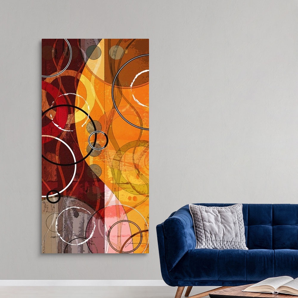A modern room featuring An abstract geometric panel in warm colors.