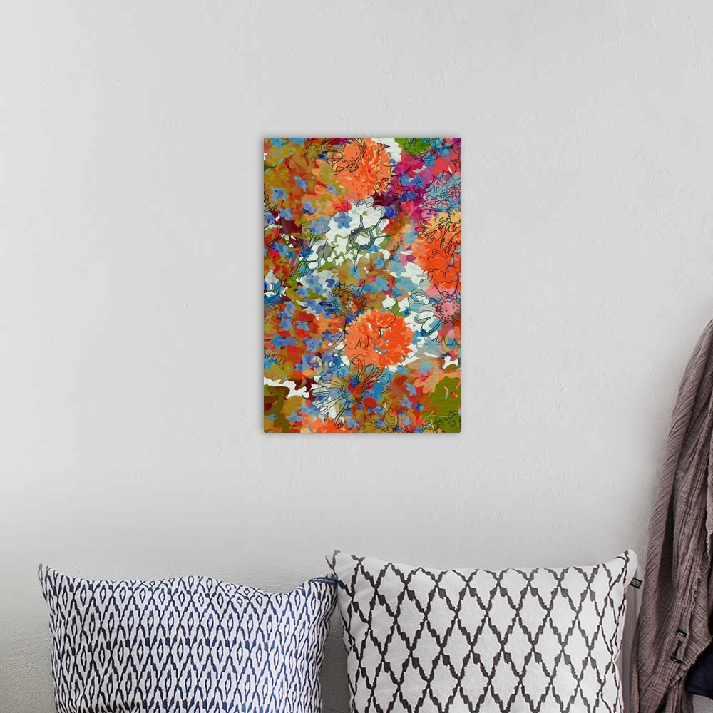 A bohemian room featuring A joyous collage of brightly painted flowers.