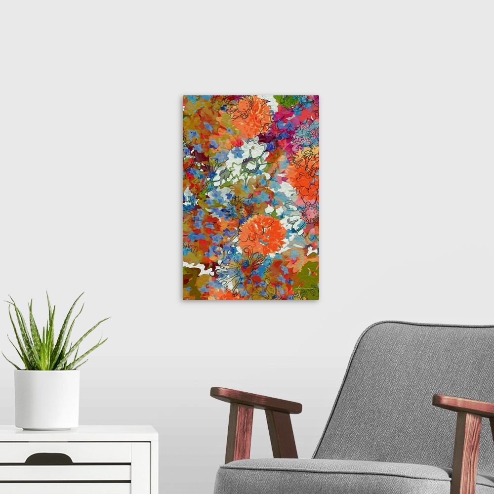 A modern room featuring A joyous collage of brightly painted flowers.