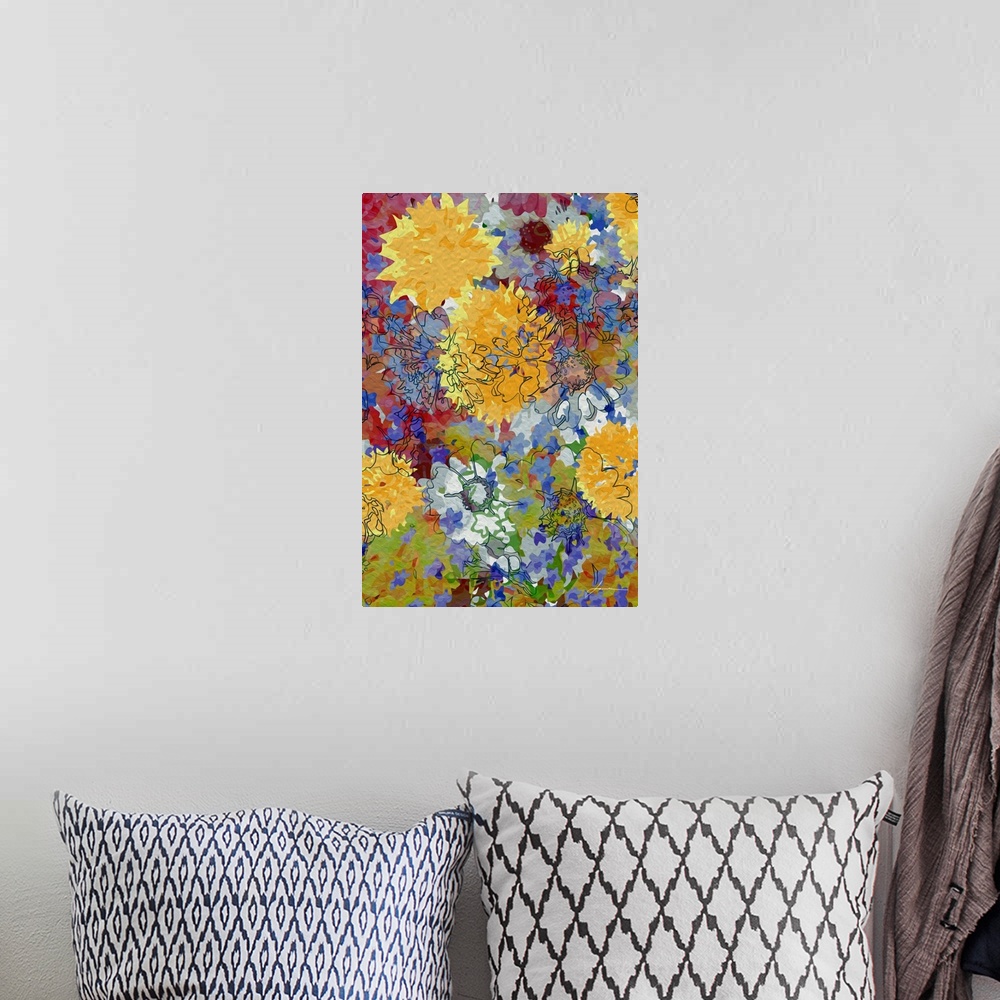 A bohemian room featuring A joyous collage of brightly painted flowers.