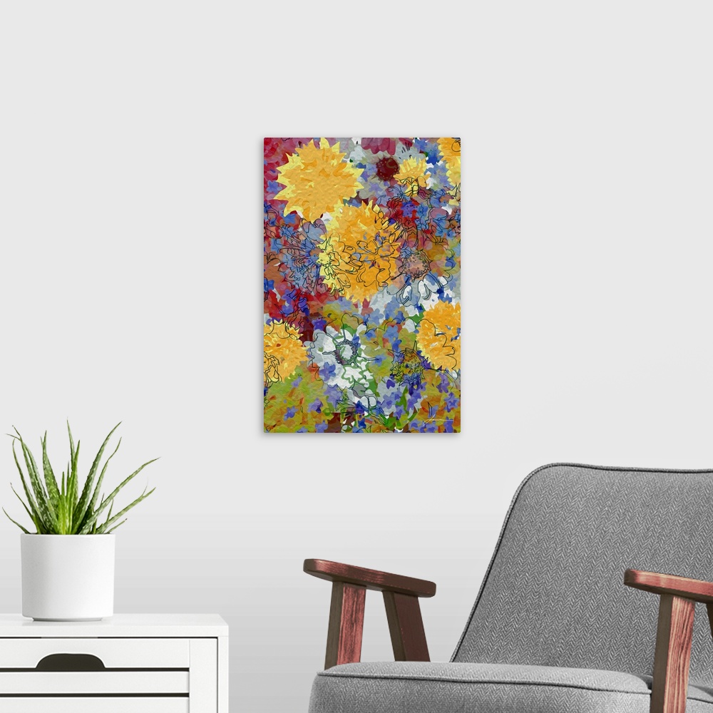A modern room featuring A joyous collage of brightly painted flowers.