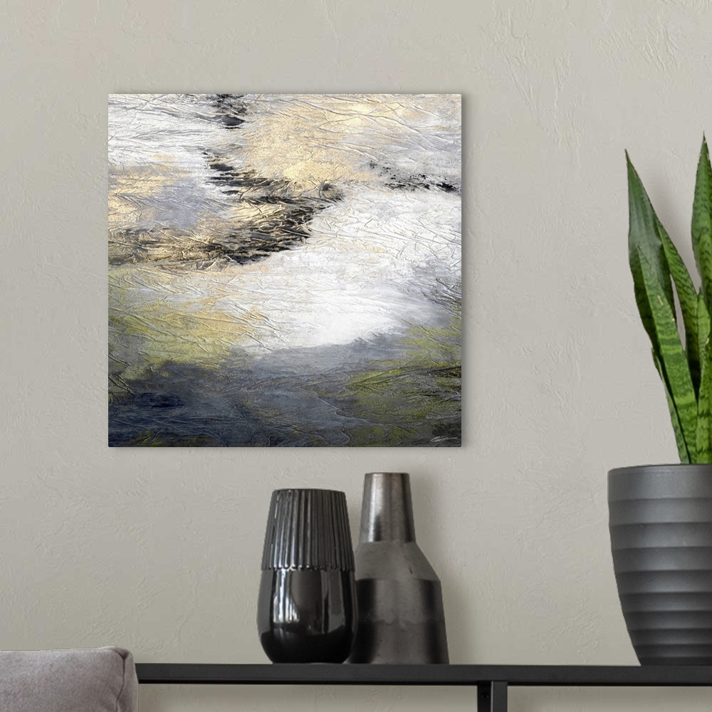 A modern room featuring An abstract neutral seascape with golden accents.