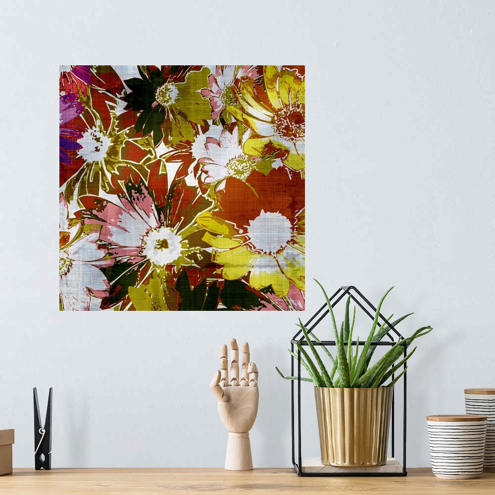 A bohemian room featuring A tapestry of graphic flowers. Modern and colorful.