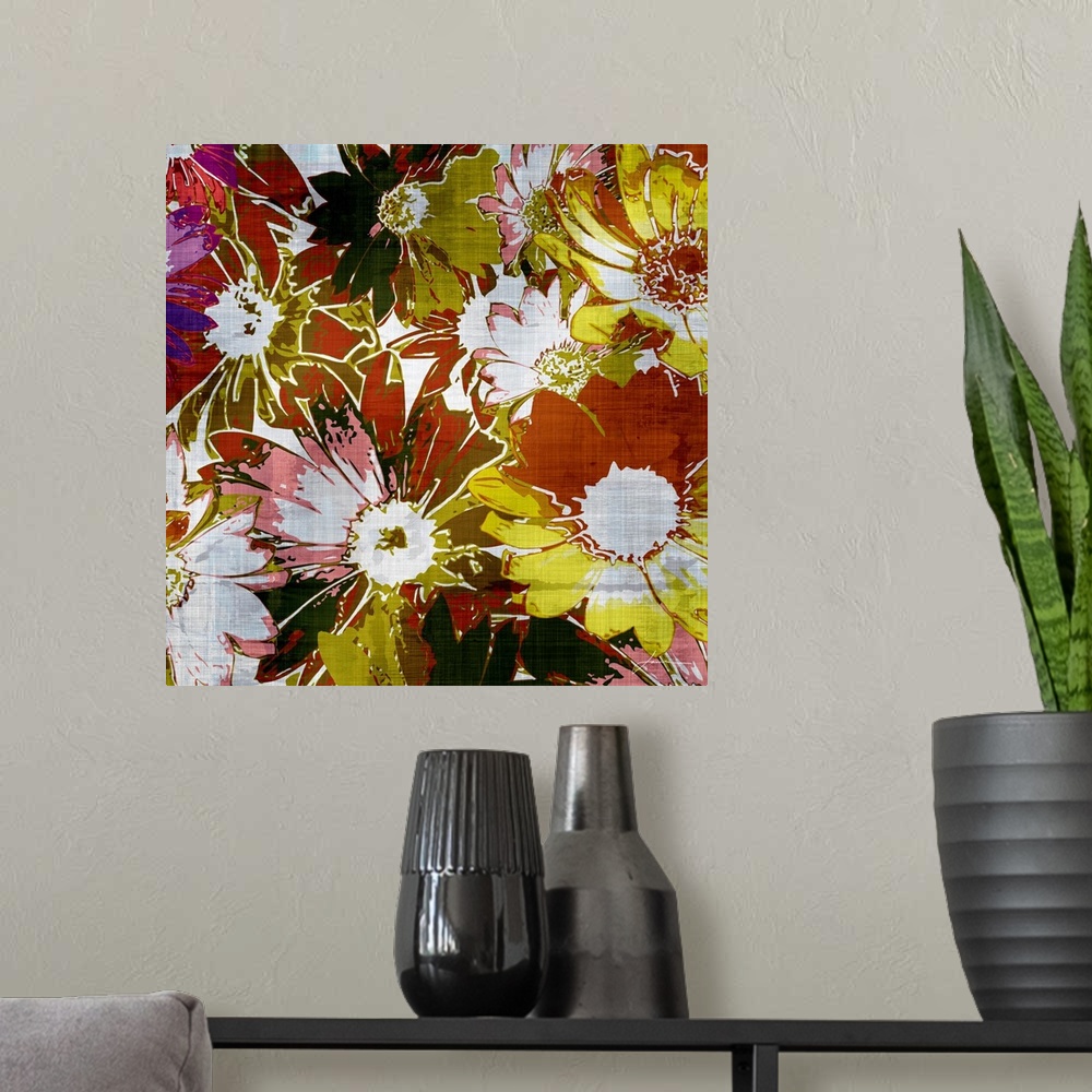 A modern room featuring A tapestry of graphic flowers. Modern and colorful.