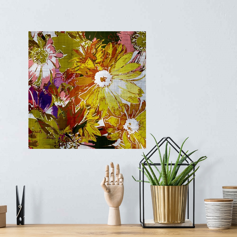 A bohemian room featuring A tapestry of graphic flowers. Modern and colorful.