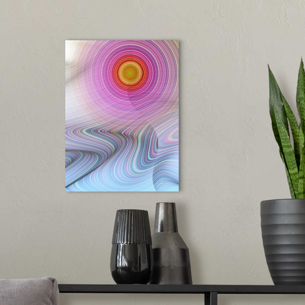 A modern room featuring A vibrant abstract of flowing lines creates the impression of sun and waves.