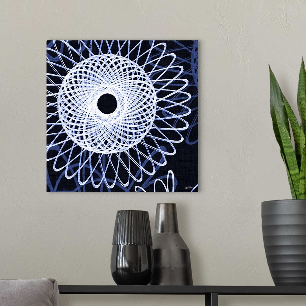 A modern room featuring A blueprint of geometric spirals floating on an indigo field.