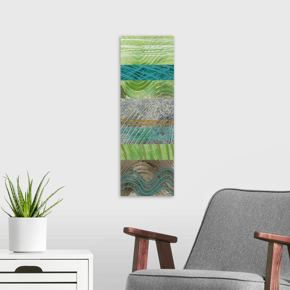 A modern room featuring Waving lines collaged together on painted sections.