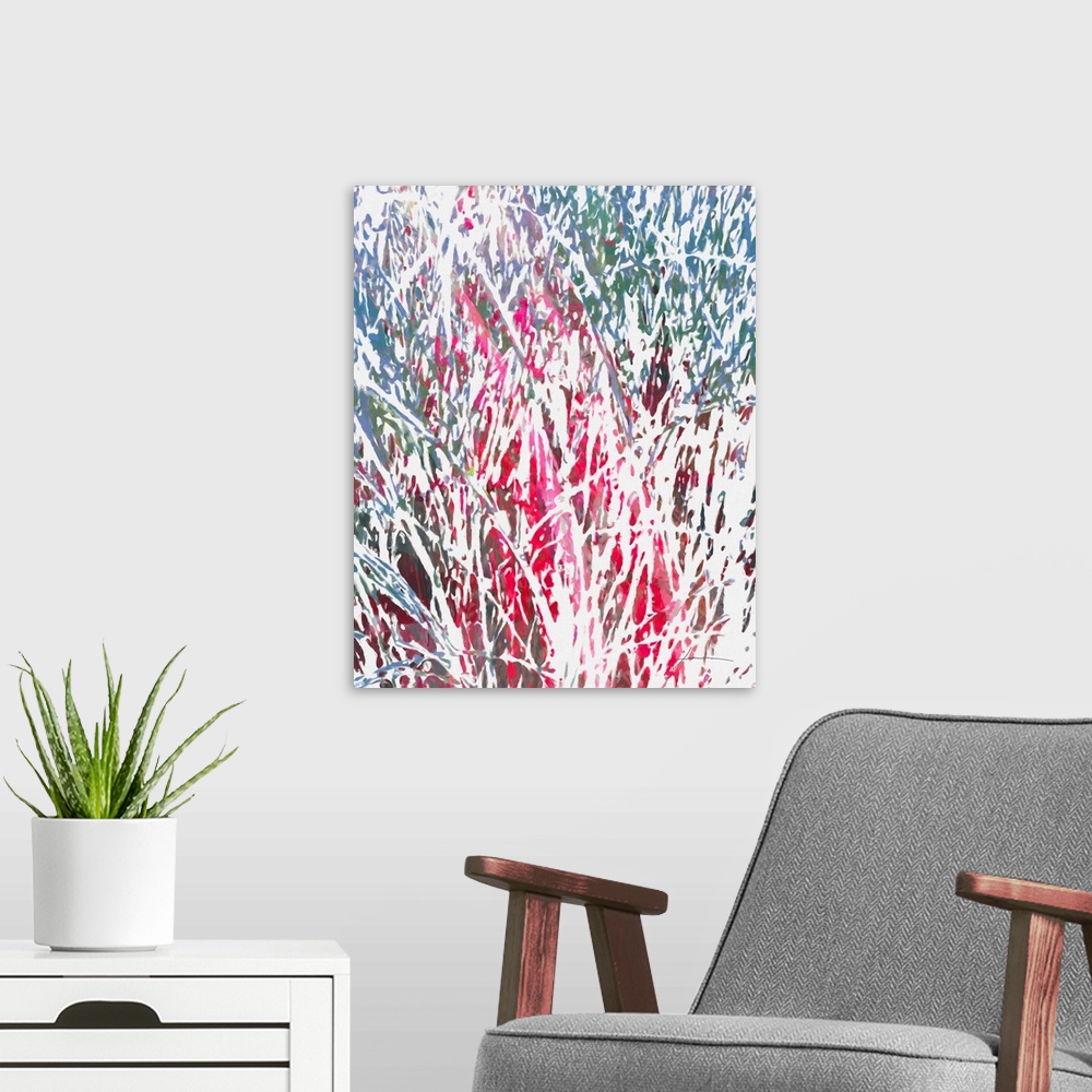 A modern room featuring Abstract grasses with splashes of color stretch across the meadow.