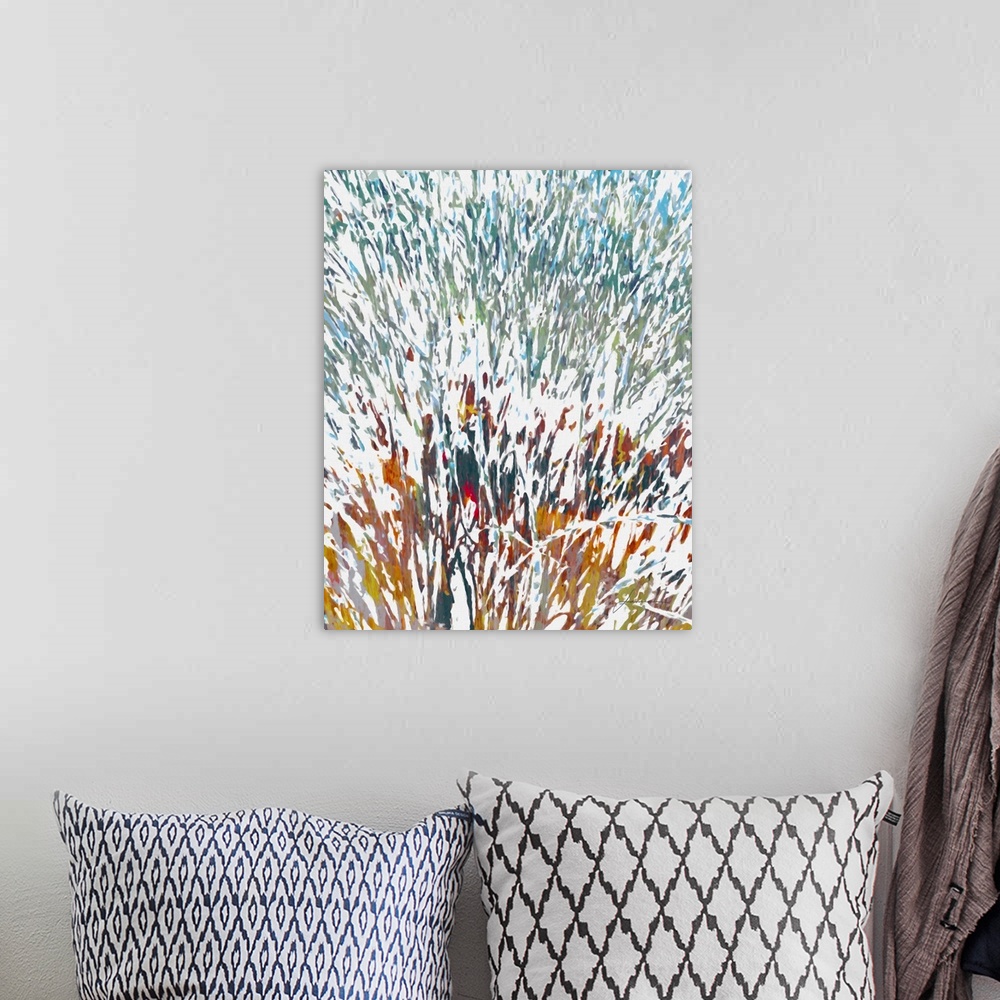 A bohemian room featuring Abstract grasses with splashes of color stretch across the meadow.