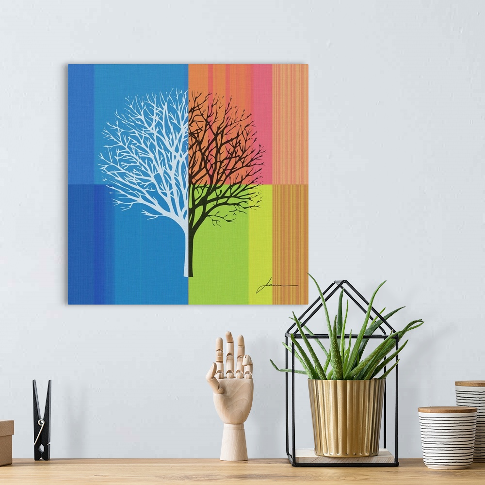 A bohemian room featuring An abstract tree silhouette on a brightly colored striped background.
