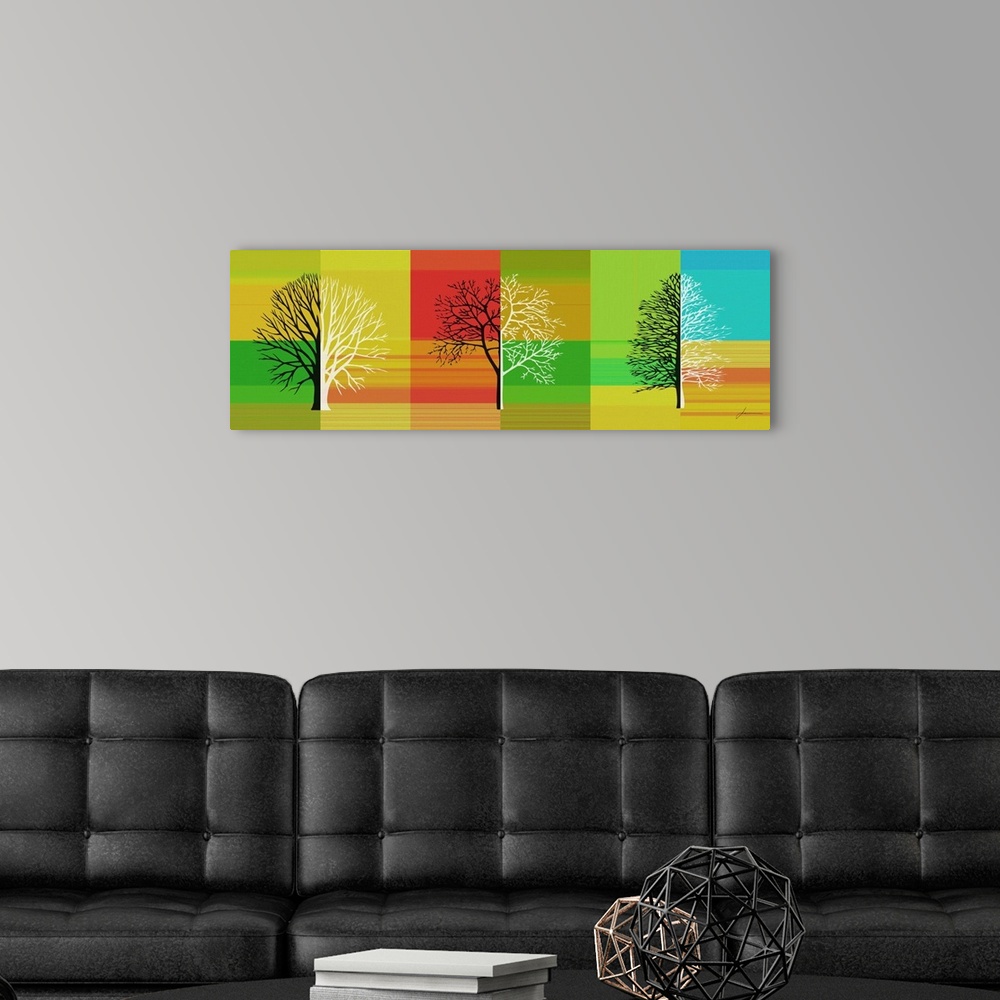 A modern room featuring An abstract tree silhouette on a brightly colored striped background.