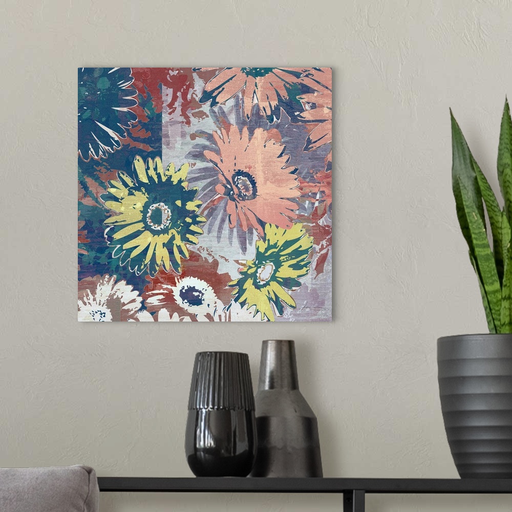 A modern room featuring A collage of graphic flowers.