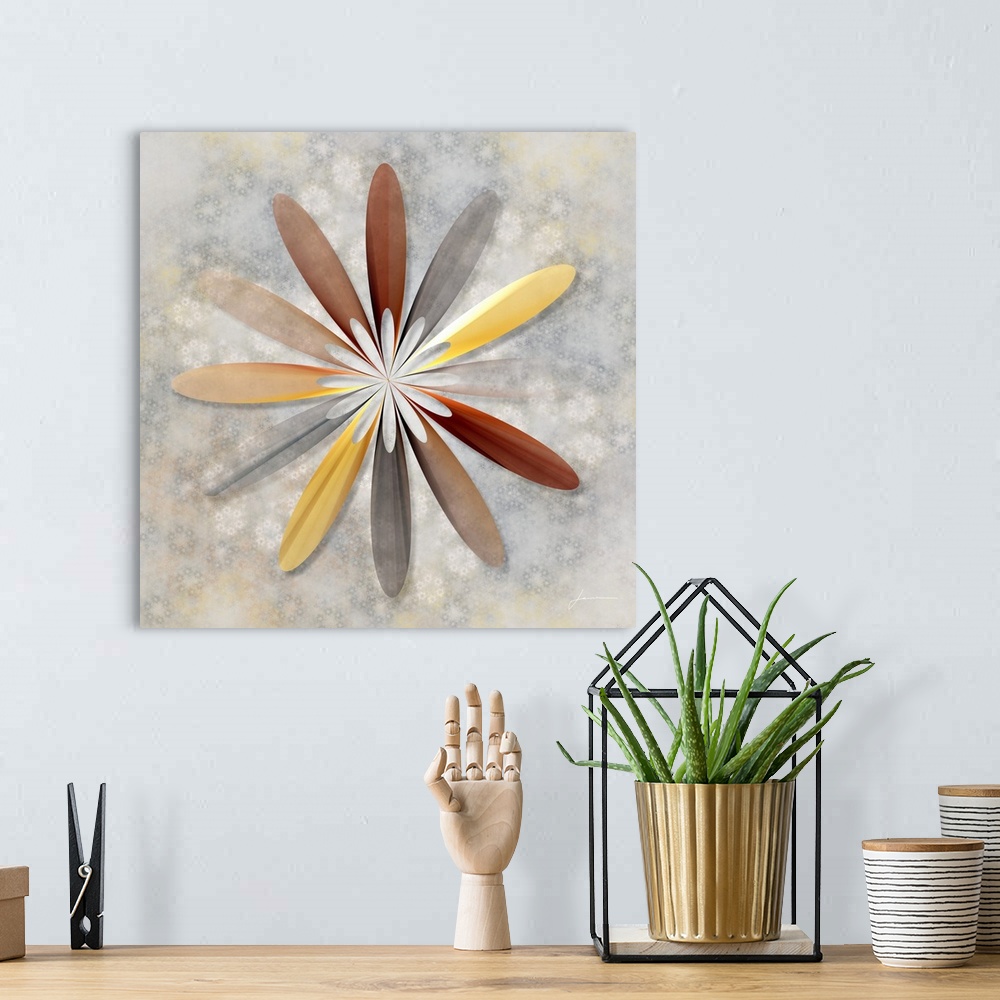 A bohemian room featuring An abstract modern flower on a field of smaller ones.