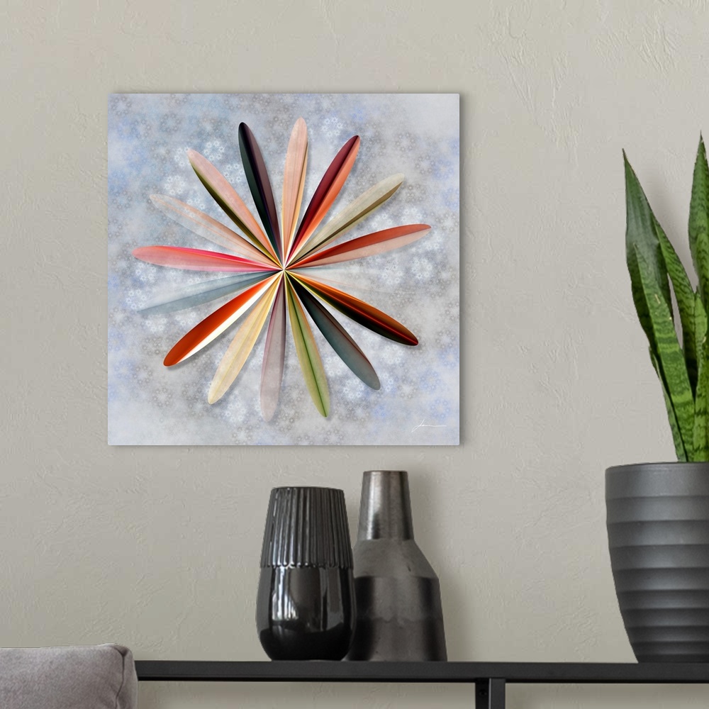 A modern room featuring An abstract modern flower on a field of smaller ones.