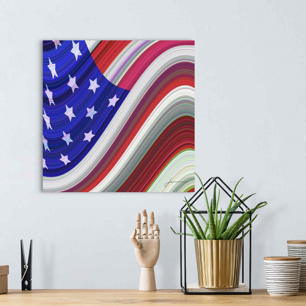 A bohemian room featuring The Stars and Stripes wave in the breeze. A modern view of Old Glory.