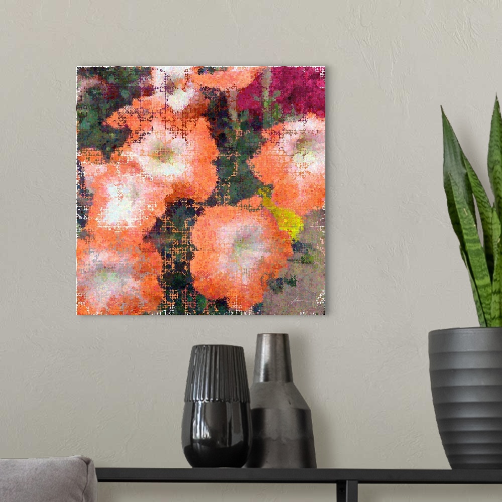 A modern room featuring Modern pointillism. Clusters of flowers made of overlapping circles.