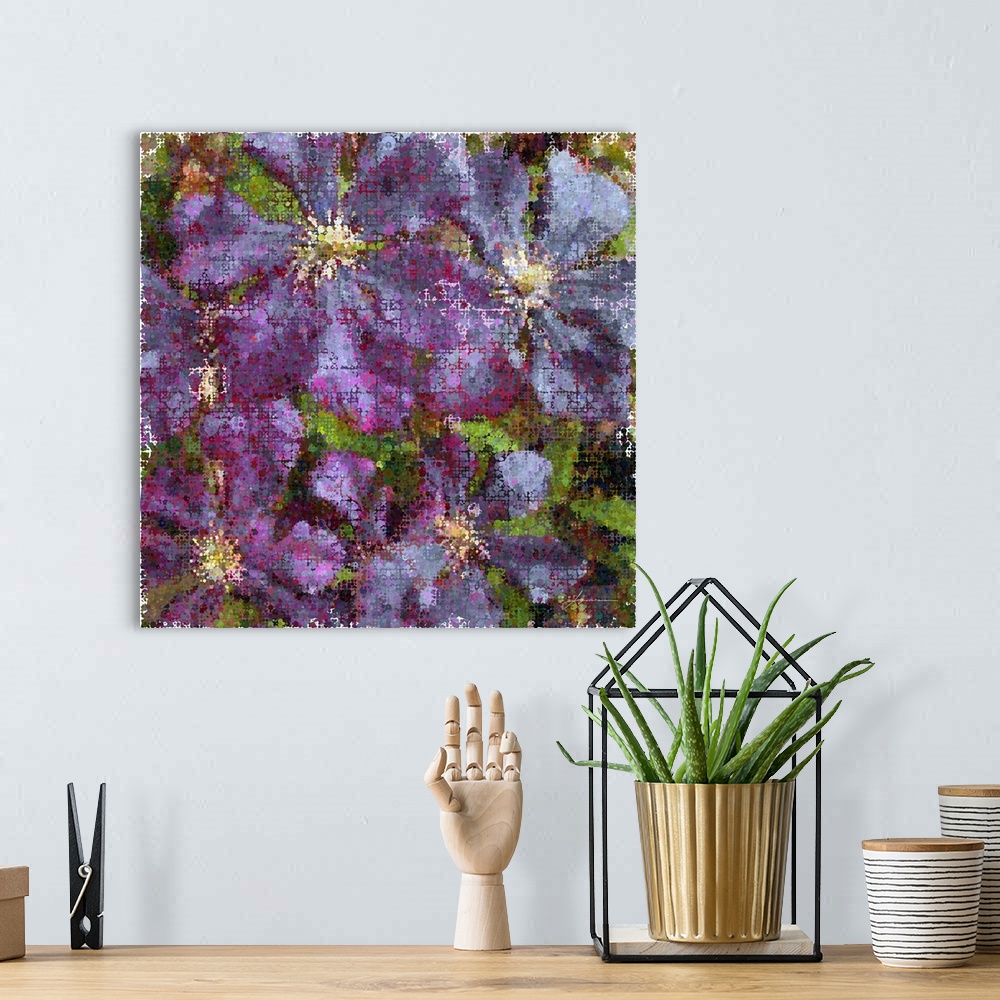 A bohemian room featuring Modern pointillism. Clusters of flowers made of overlapping circles.